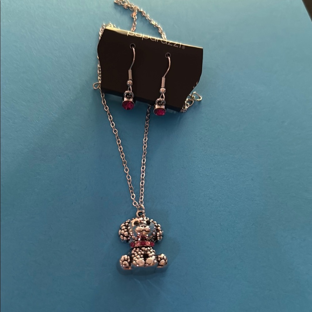 new Paparazzi Silver and Pink Collar Glitz Poodle Jewelry Set textured